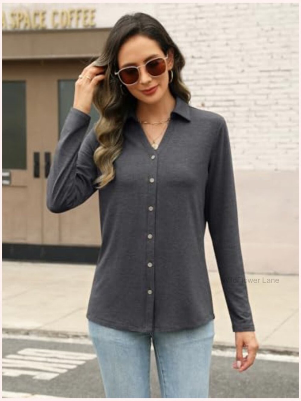 Long Sleeve Button Down Shirt Dressy Casual Tunic Top - Picture 3 of 7